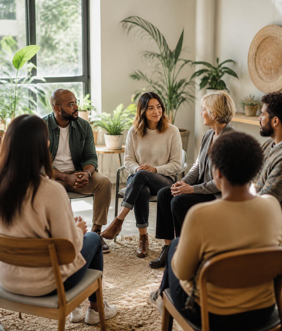 Grupo terapêutico em sala iluminada da Peniel Care